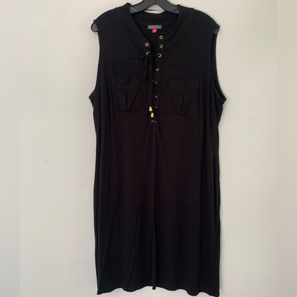 Vince Camuto 2X Black Cotton-Feel Sleeveless Tie Front Dress EUC